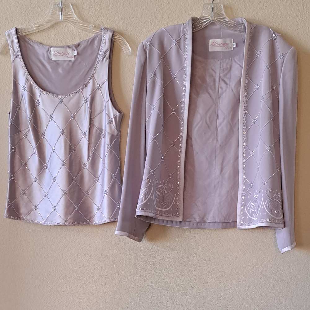Montages Mon Cheri dress beaded lavender jacket and shell, size 12